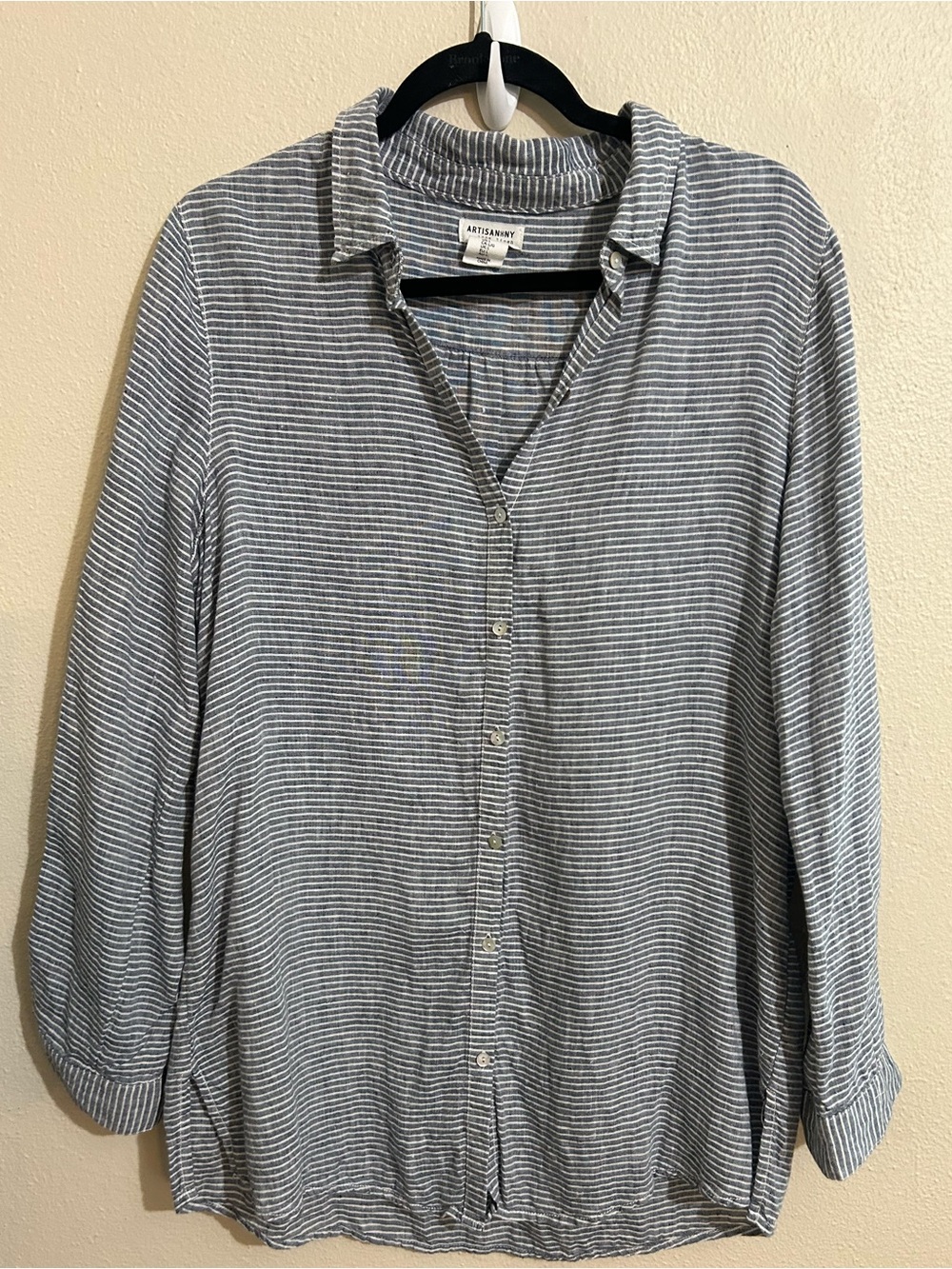 Artisan NY Linen Blue White Striped Button-Up Shirt Coastal Longsleeve Large